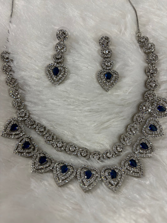 Blue AD Double Layer Necklace With Earrings
